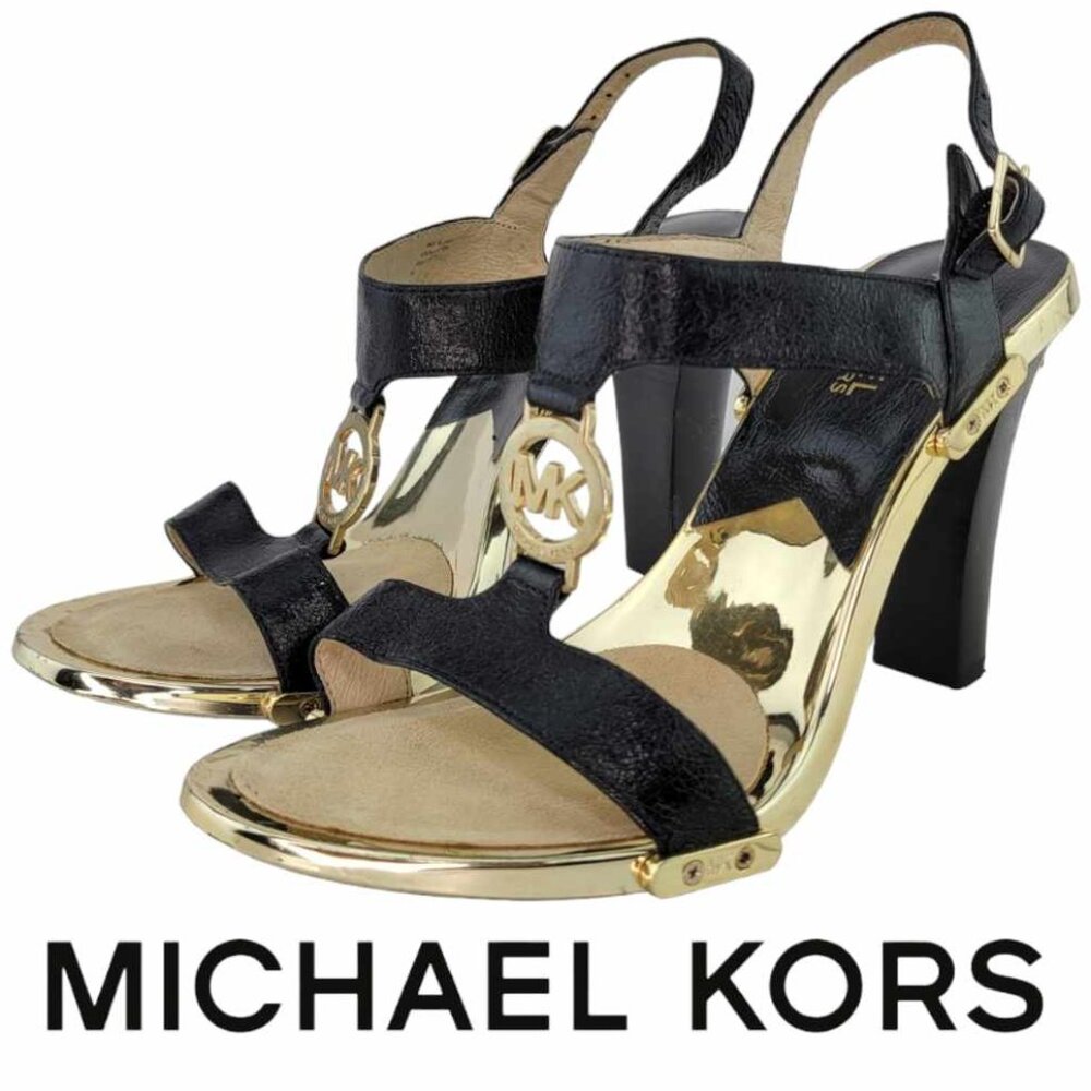 MICHAEL KORS MK LEATHER BLACK - GOLD FULTON T STRAP BLOCK HEELS